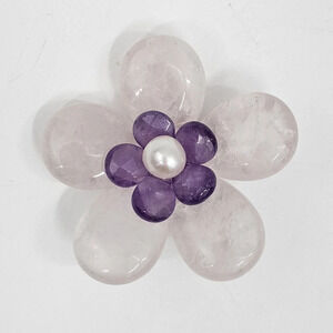 Vintage Rose Quartz Amethyst & Faux Pearl 925 Silver Flower Brooch Pin Signed M